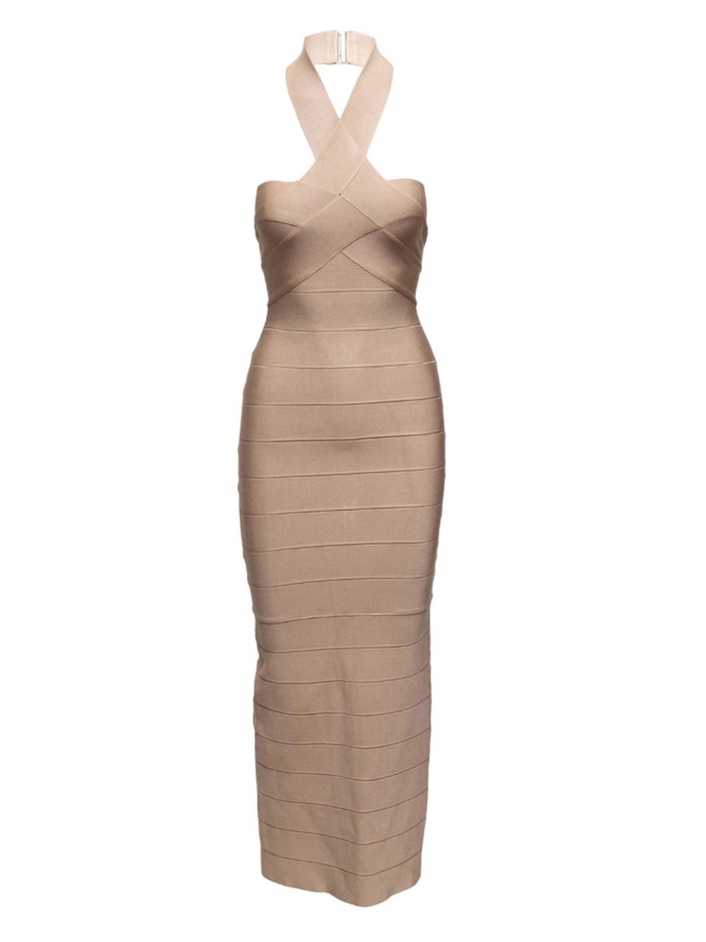 Herve Leger Nude-Cream Cross Halter Bandage Maxi Dress “Ottoman”